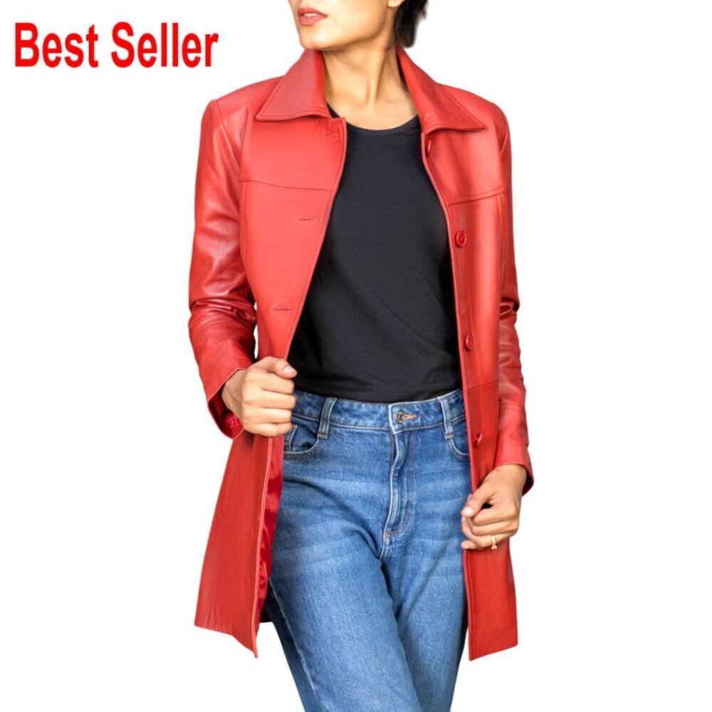 Genuine Leather 3/4 Length Blazer Style Coat with Button Closure